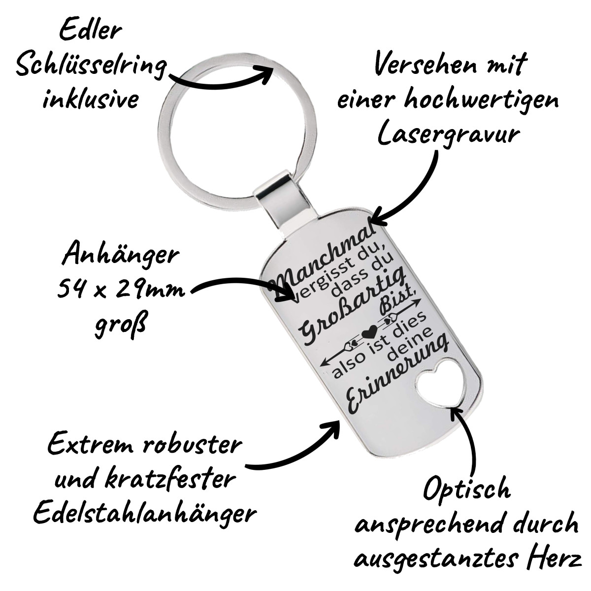 Gravur Edelstahl Schlüsselanhänger mit ausgestanztem Herz