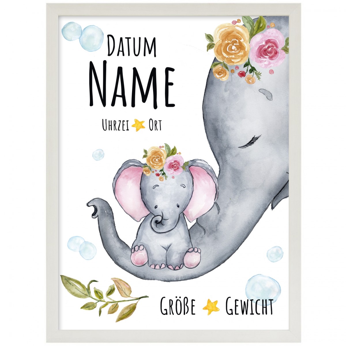 Wandbild Zur Geburt Baby Elefant Madchen Personalisierbar