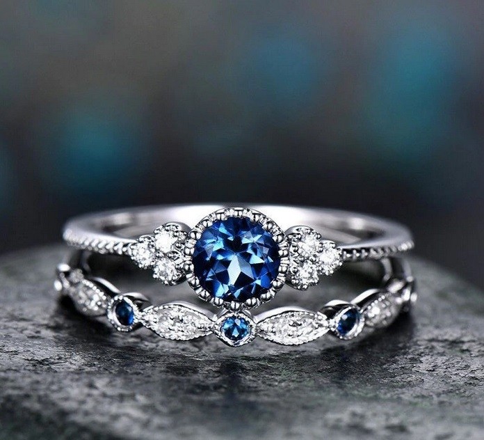  Damenring 2 teilig Ring mit blauen Strasssteinen