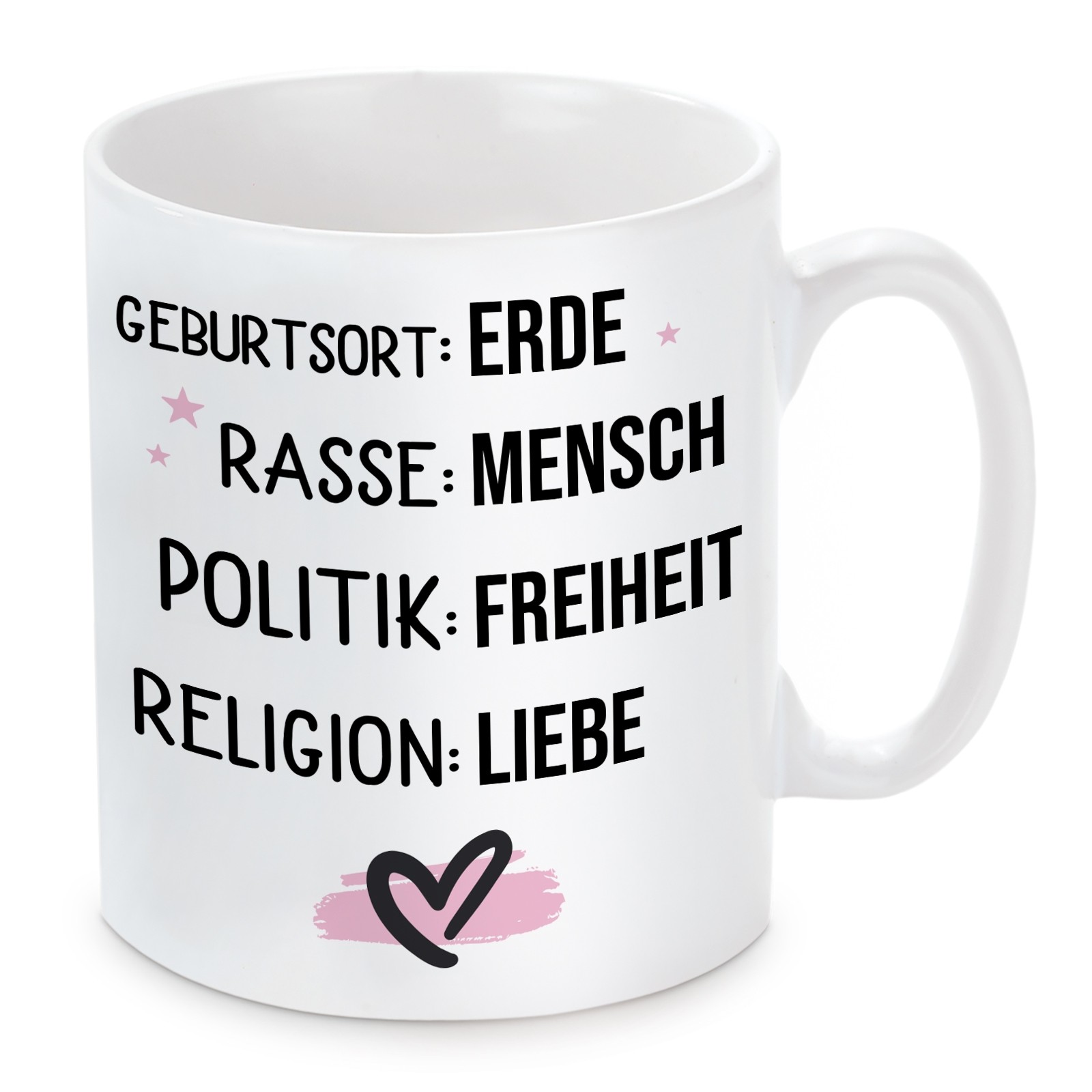 Tasse: Geburtsort : Erde /  Rasse :  Mensch / Politik : Freiheit / Religion : Liebe
