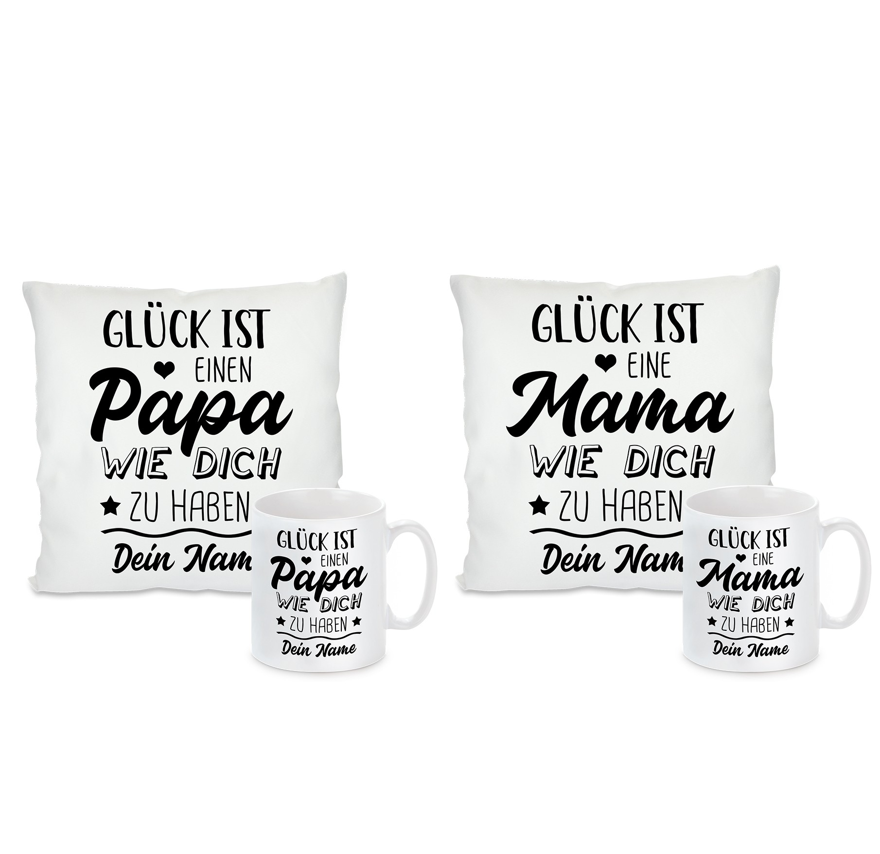 Kissen oder Tasse: Glück ist, eine/n Mama/papa wie ich zu haben mit Wunschnamen