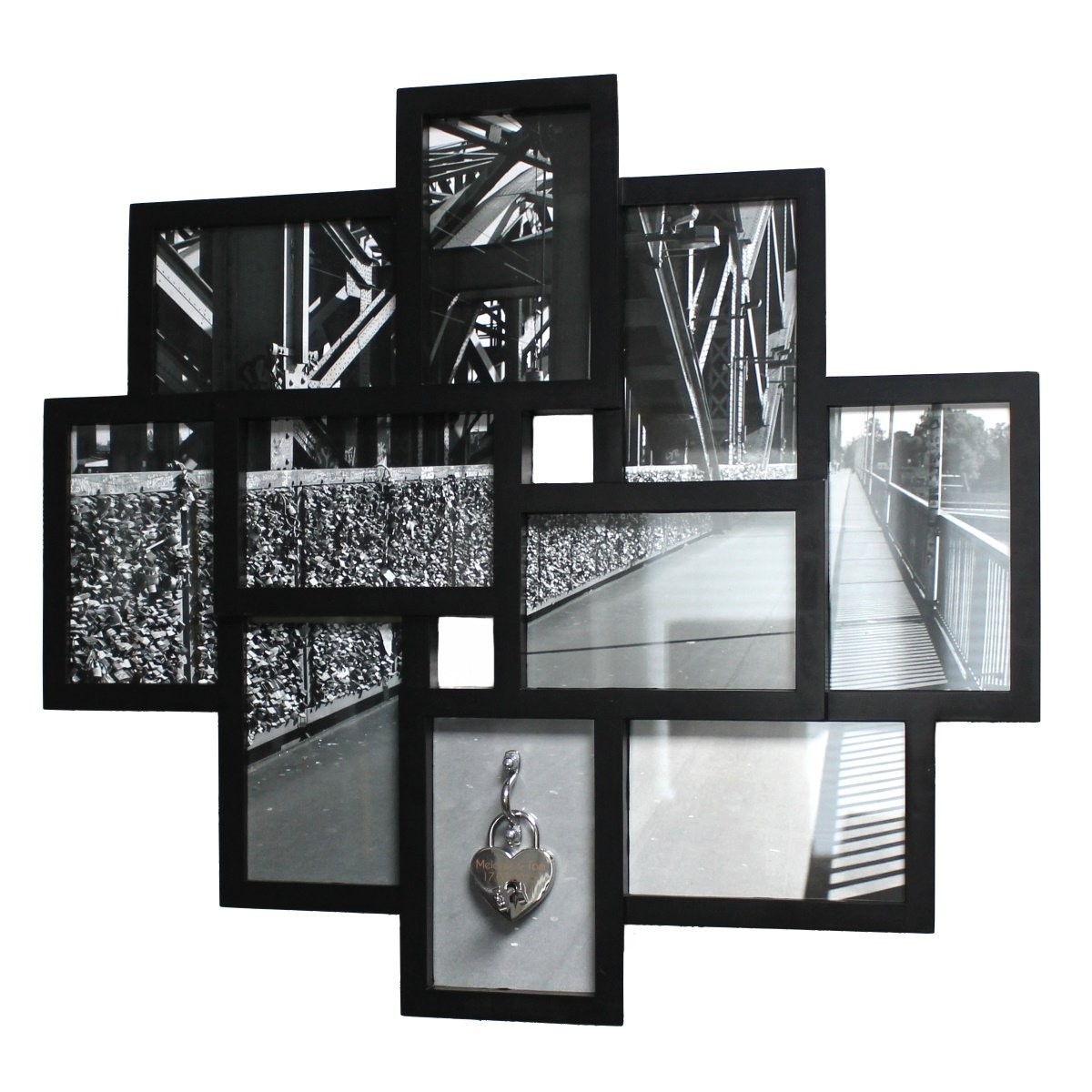 Liebesschloss Bilderrahmen - schwarz/weiß - mit Gravur - verschiedene Schlösser zur Auswahl
