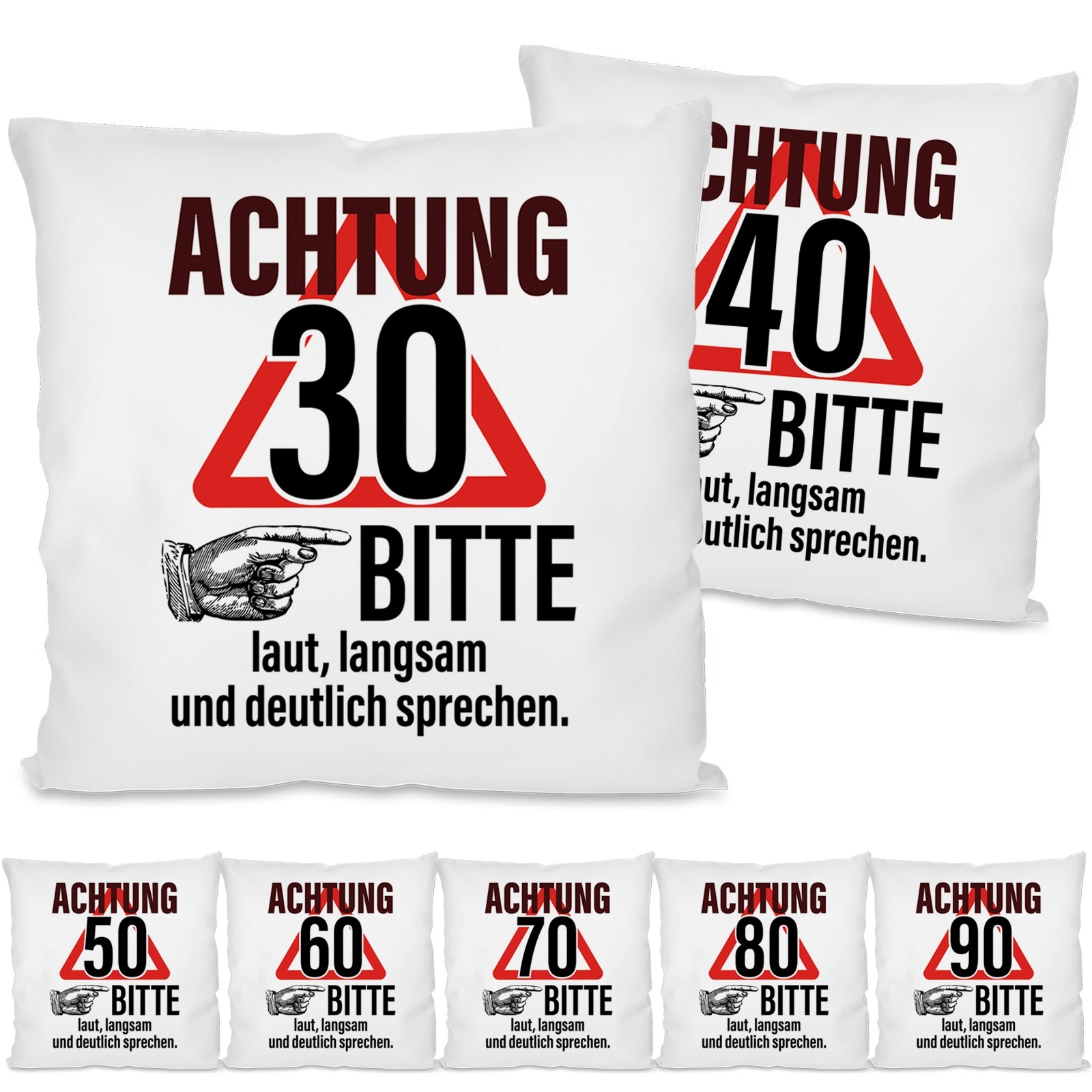 Kissen: Achtung! (30, 40, 50, 60, 70, 80, 90) – Bitte laut, langsam und deutlich sprechen.