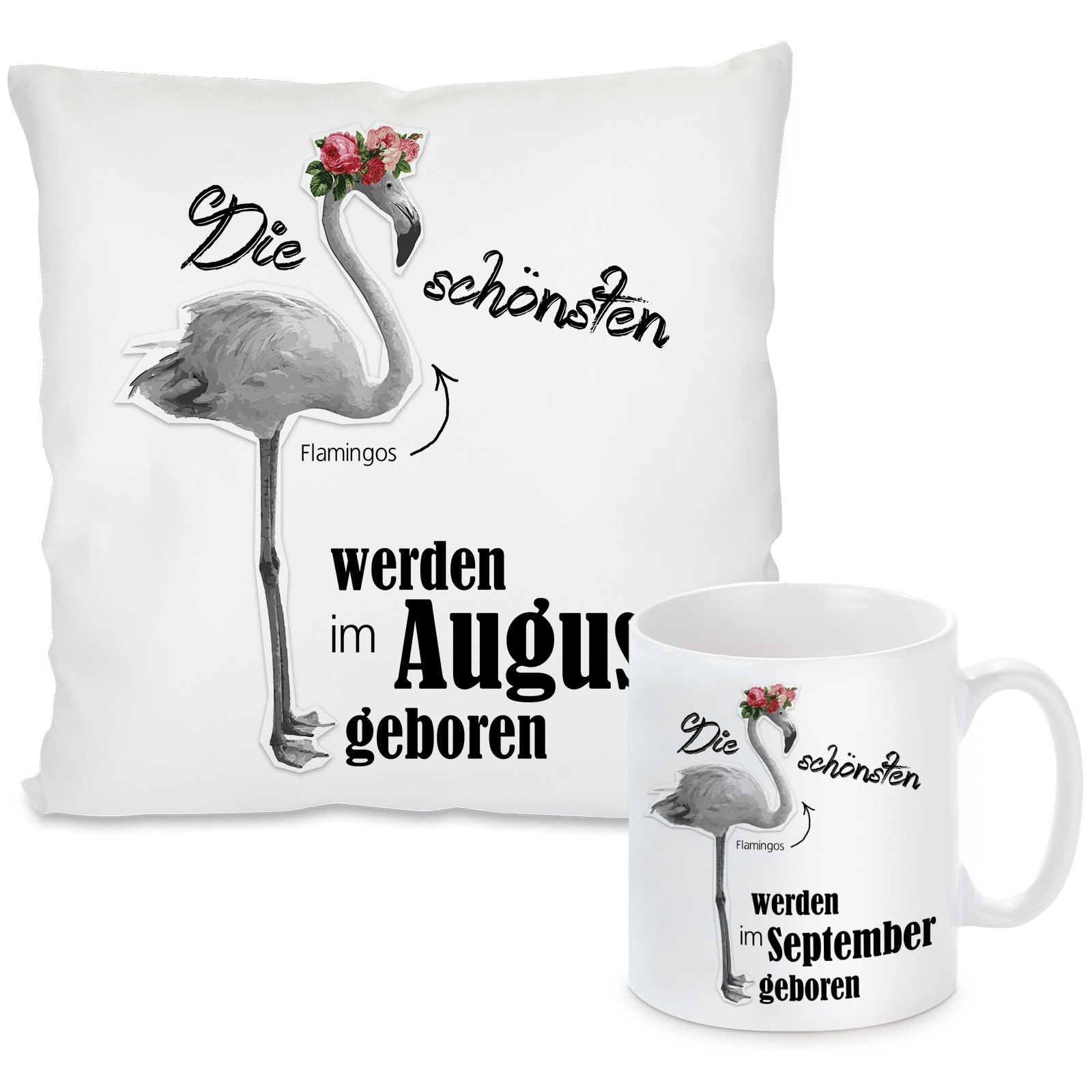 Kissen oder Tasse mit Motiv Modell: Die schönsten Flamingos - individualisierbar (Monat auswählbar)