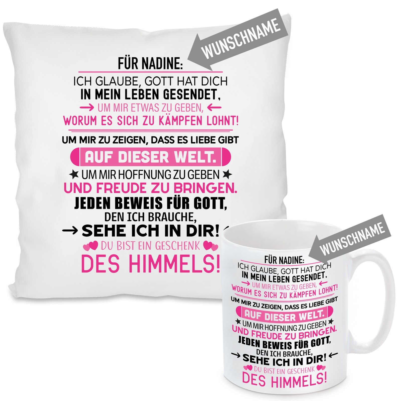 Kissen oder Tasse mit Motiv Modell: FÜR (WUNSCHNAME) - Farbe Rosa - individualisierbar