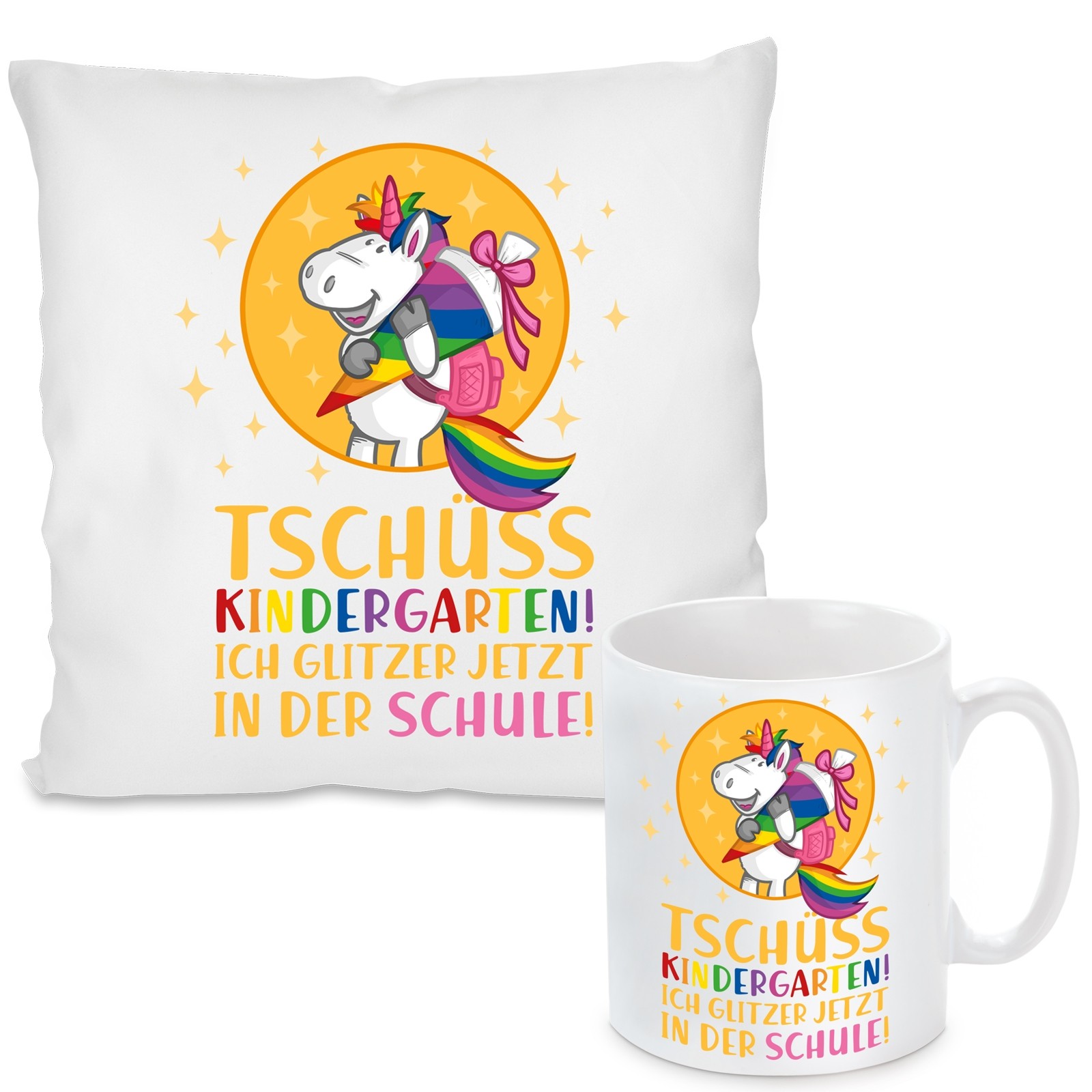 Kissen oder Tasse mit Motiv Modell: Tschüss Kindergarten! Ich glitzer jetzt in der Schule!