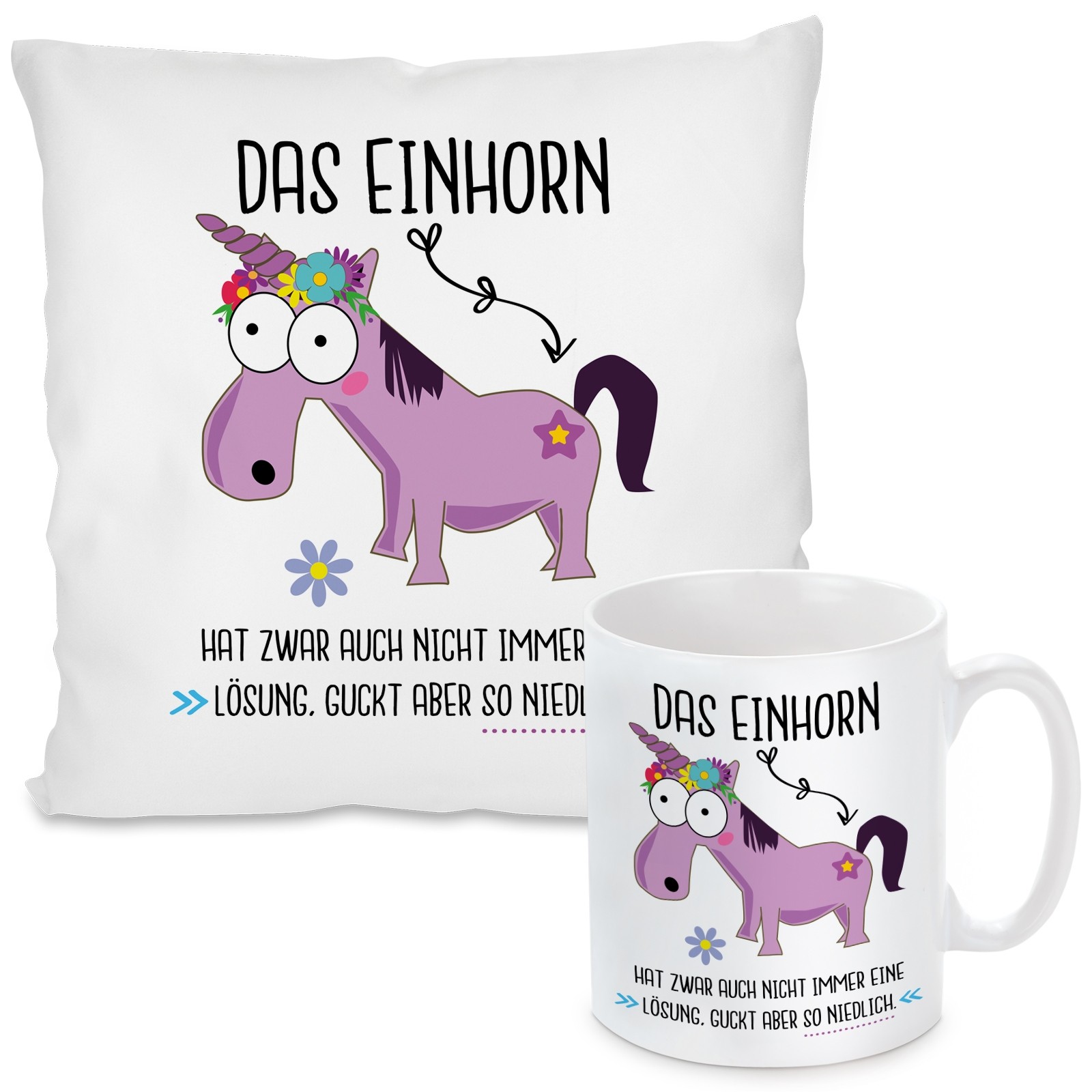 Kissen oder Tasse mit Motiv - Das Einhorn hat zwar auch nicht immer eine Lösung....