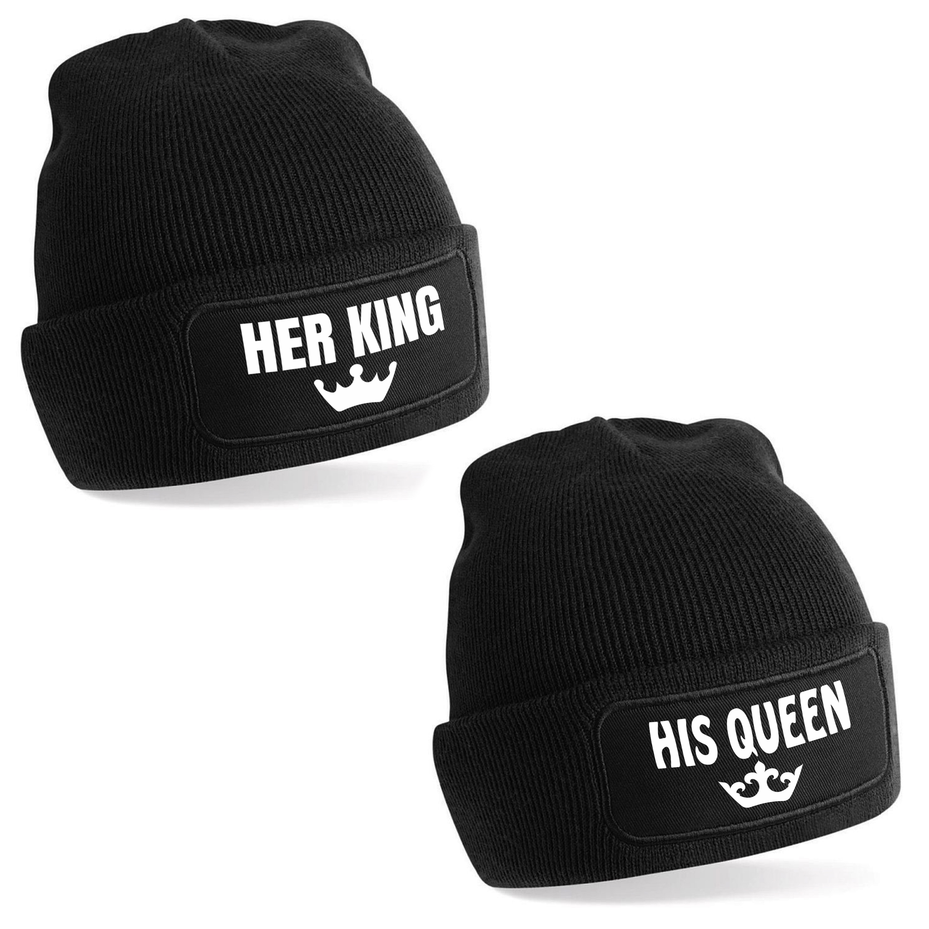 2er Set Beanie Strickmütze mit Spruch | Her King & his Queen | Farbwahl | Unisex SoftTouch angenehm weiche und warme Wintermütze | OneSize Einheitsgröße für Erwachsene