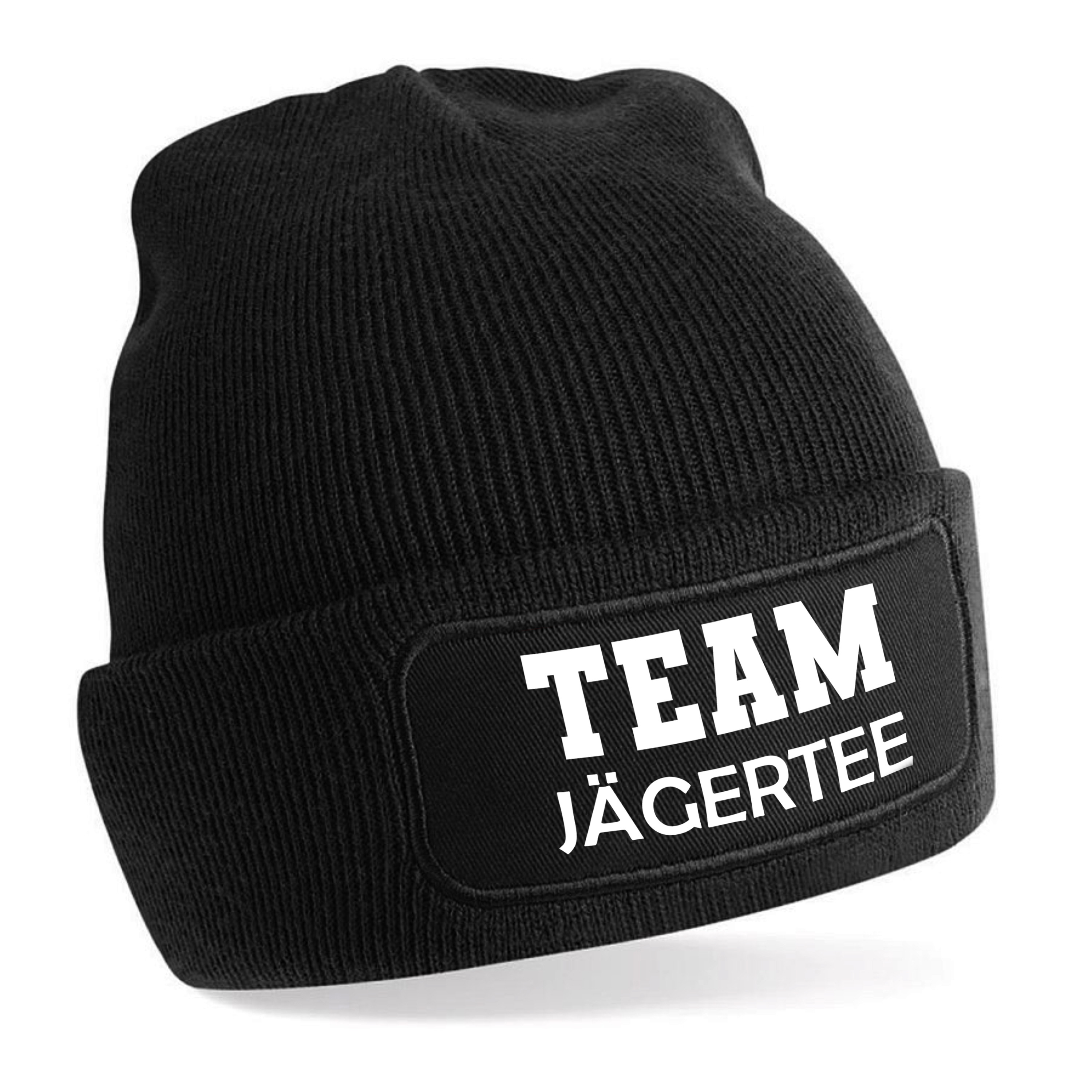 Beanie Strickmütze mit Spruch | Team Jägertee | Farbwahl | Unisex SoftTouch angenehm weiche und warme Wintermütze | OneSize Einheitsgröße für Erwachsene