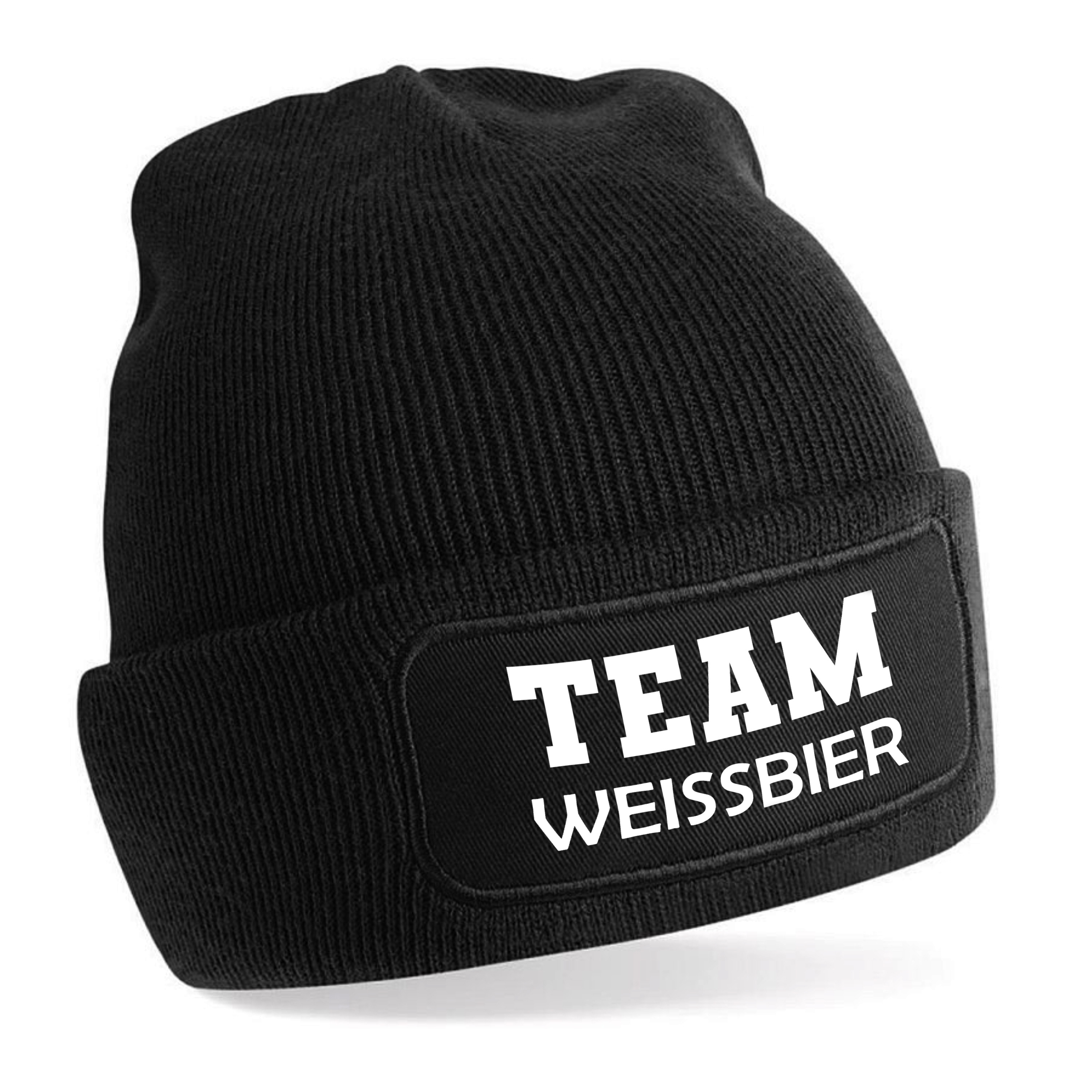 Beanie Strickmütze mit Spruch | Team Weissbier | Farbwahl | Unisex SoftTouch angenehm weiche und warme Wintermütze | OneSize Einheitsgröße für Erwachsene