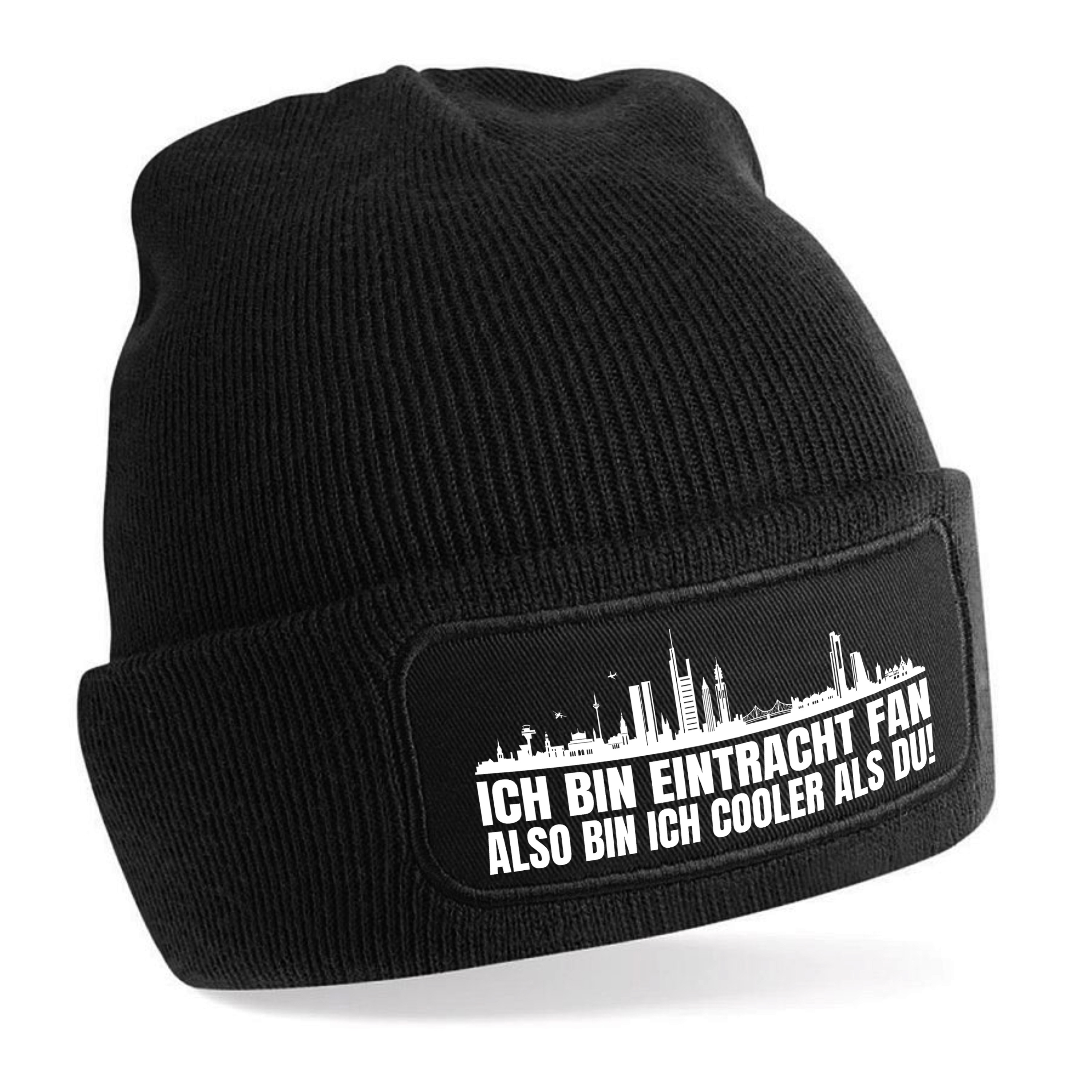 Beanie Strickmütze mit Spruch | Ich bin Eintracht Fan also bin ich cooler als du! | Farbwahl | weiche und warme Fußball Mütze für Frankfurt Fan | Skyline | SoftTouch Einheitsgröße für Erwachsene