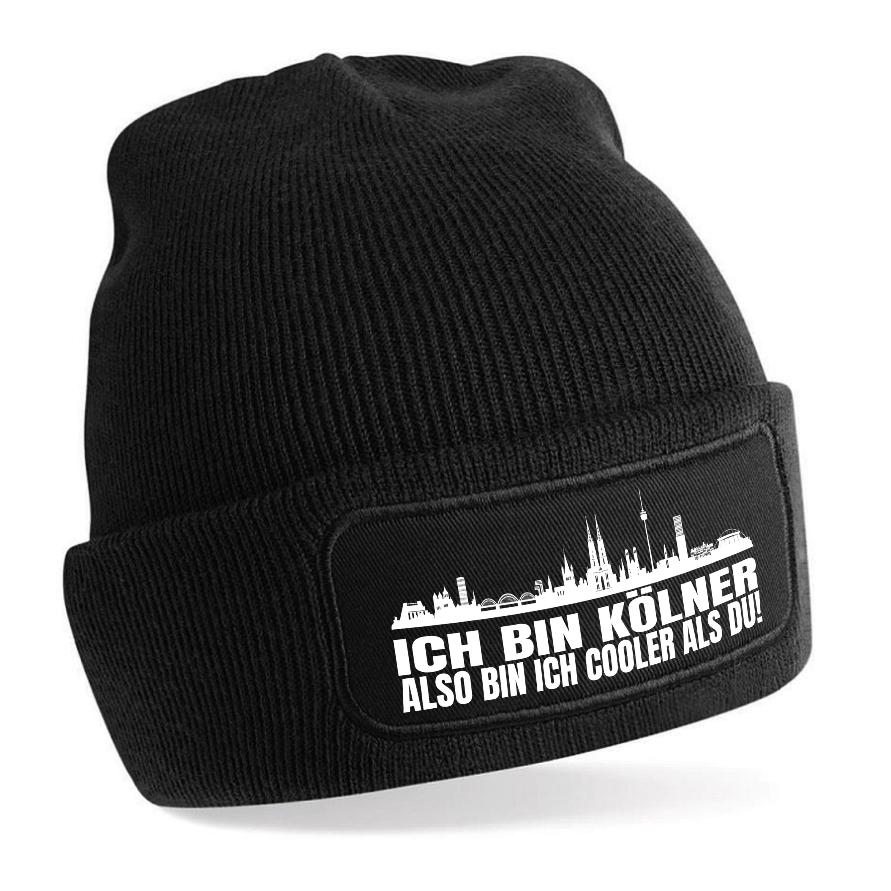 Beanie Strickmütze mit Spruch | Ich bin Kölner also bin ich cooler als du! | Farbwahl | weiche und warme Fußball Mütze für Köln Fan | Skyline | SoftTouch Einheitsgröße für Erwachsene