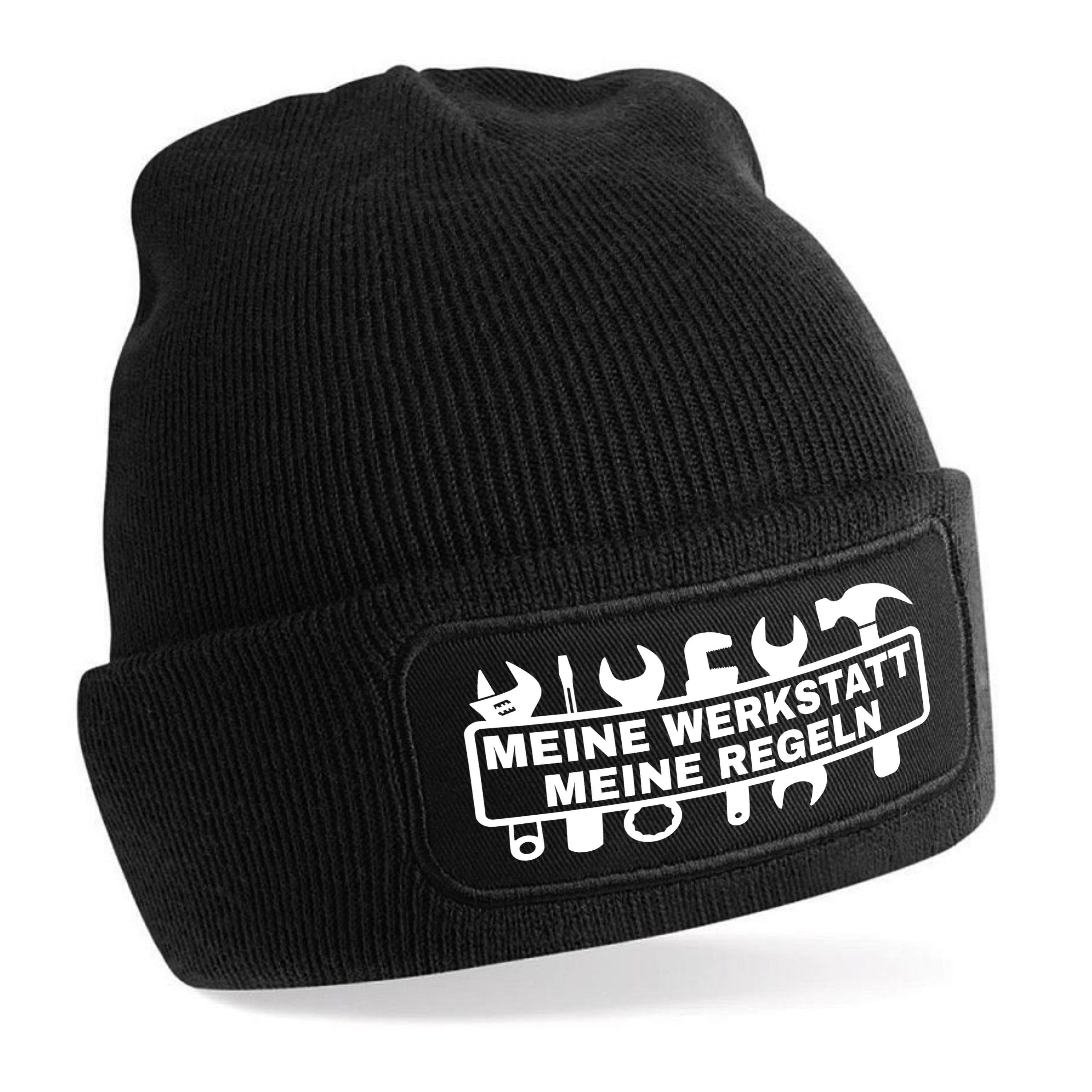 Beanie Strickmütze mit Spruch | Meine Werkstatt meine Regeln | Farbwahl | Unisex SoftTouch angenehm weiche und warme Wintermütze | OneSize Einheitsgröße für Erwachsene