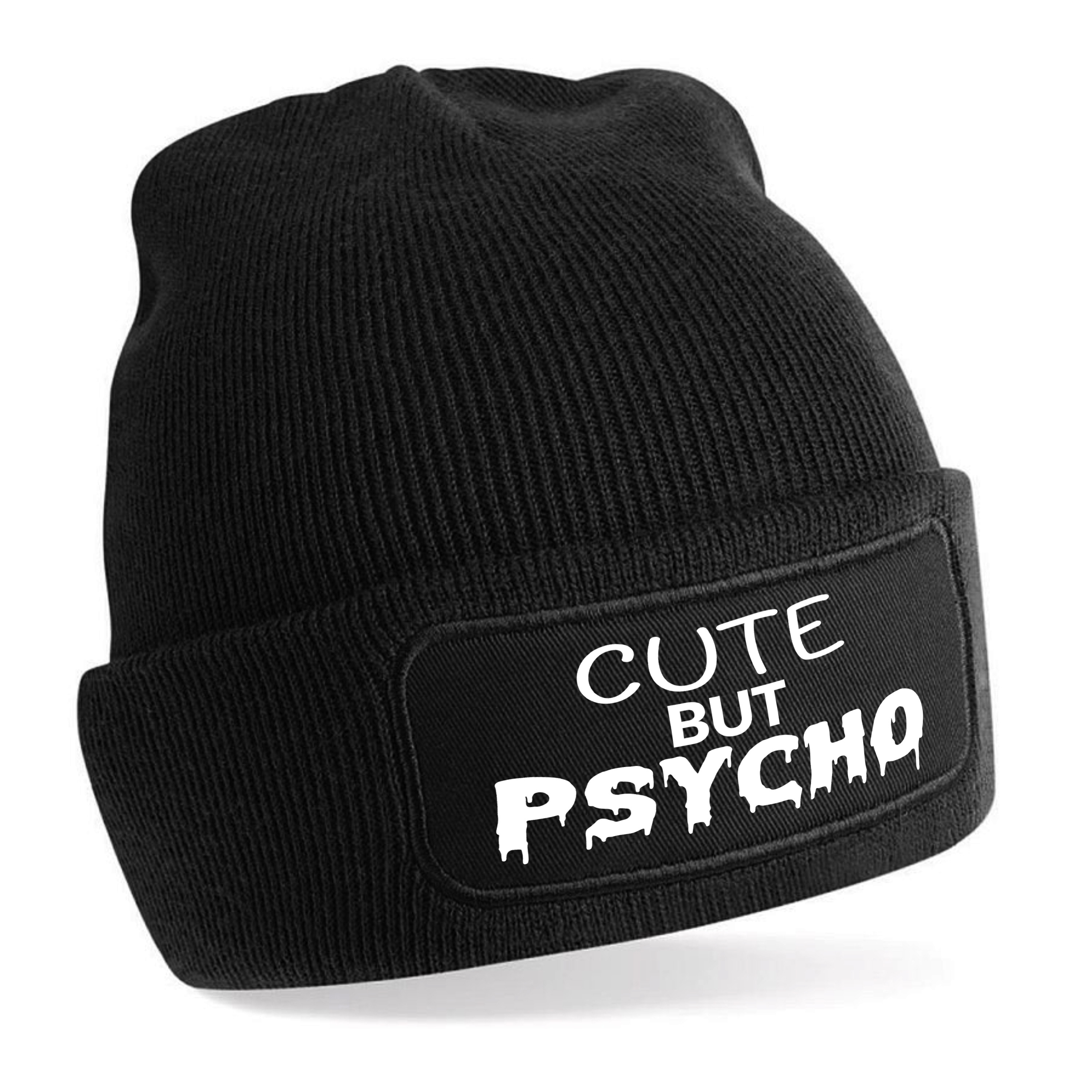 Beanie Strickmütze mit Spruch | Cute but psycho | Farbwahl | Unisex SoftTouch angenehm weiche und warme Wintermütze | OneSize Einheitsgröße für Erwachsene