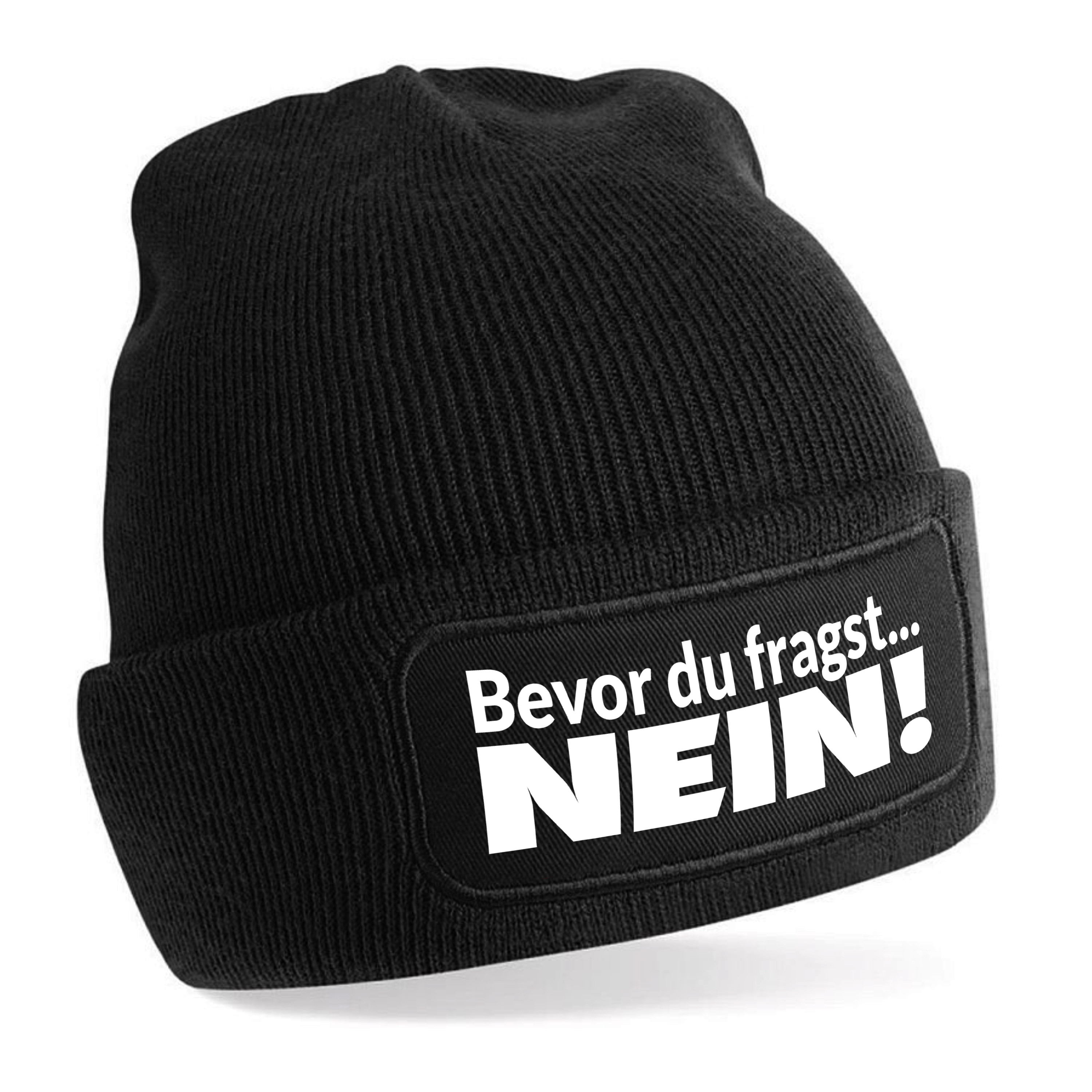 Beanie Strickmütze mit Spruch | Bevor du fragst... Nein | Farbwahl | Unisex SoftTouch angenehm weiche und warme Wintermütze | OneSize Einheitsgröße für Erwachsene