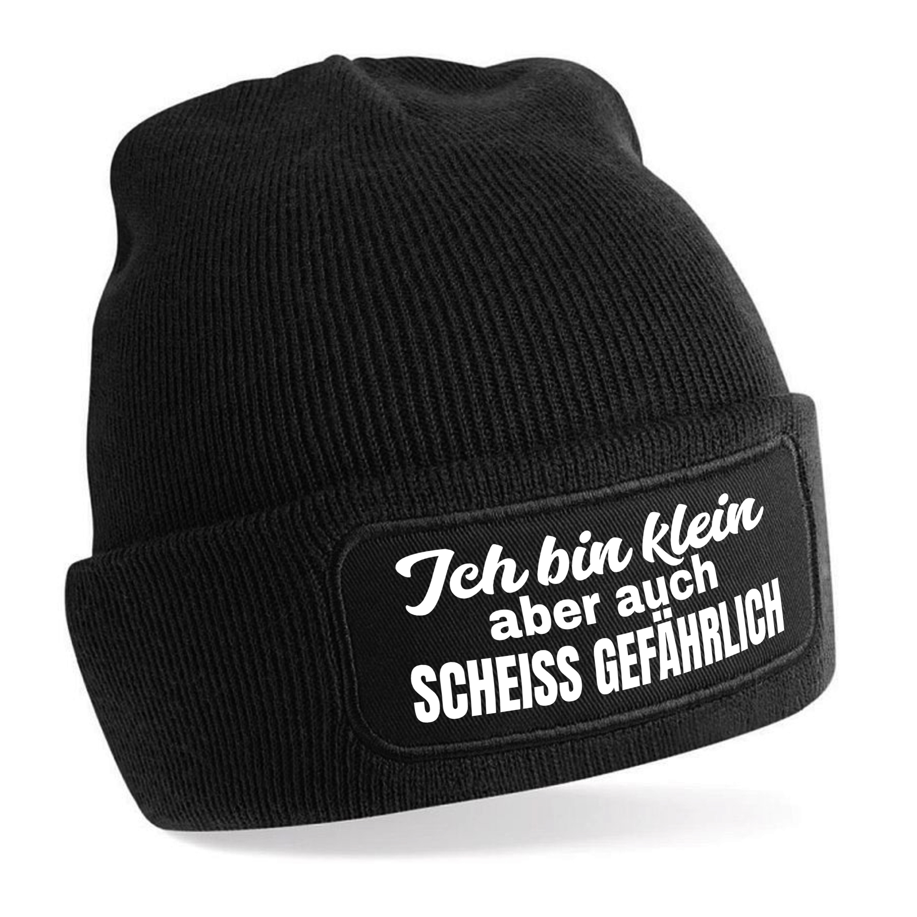 Beanie Strickmütze mit Spruch | Ich bin klein aber auch scheiss gefährlich | Farbwahl | Unisex SoftTouch angenehm weiche und warme Wintermütze | OneSize Einheitsgröße für Erwachsene