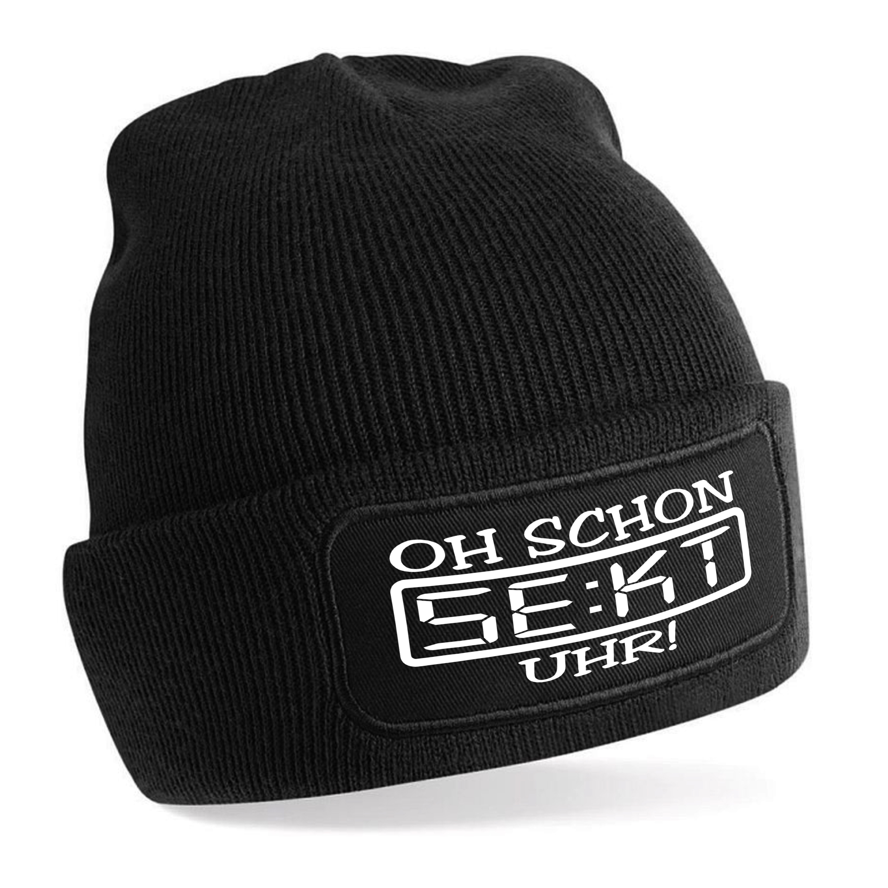 Beanie Strickmütze mit Spruch | Oh schon Sekt Uhr | Farbwahl | Unisex SoftTouch angenehm weiche und warme Wintermütze | OneSize Einheitsgröße für Erwachsene