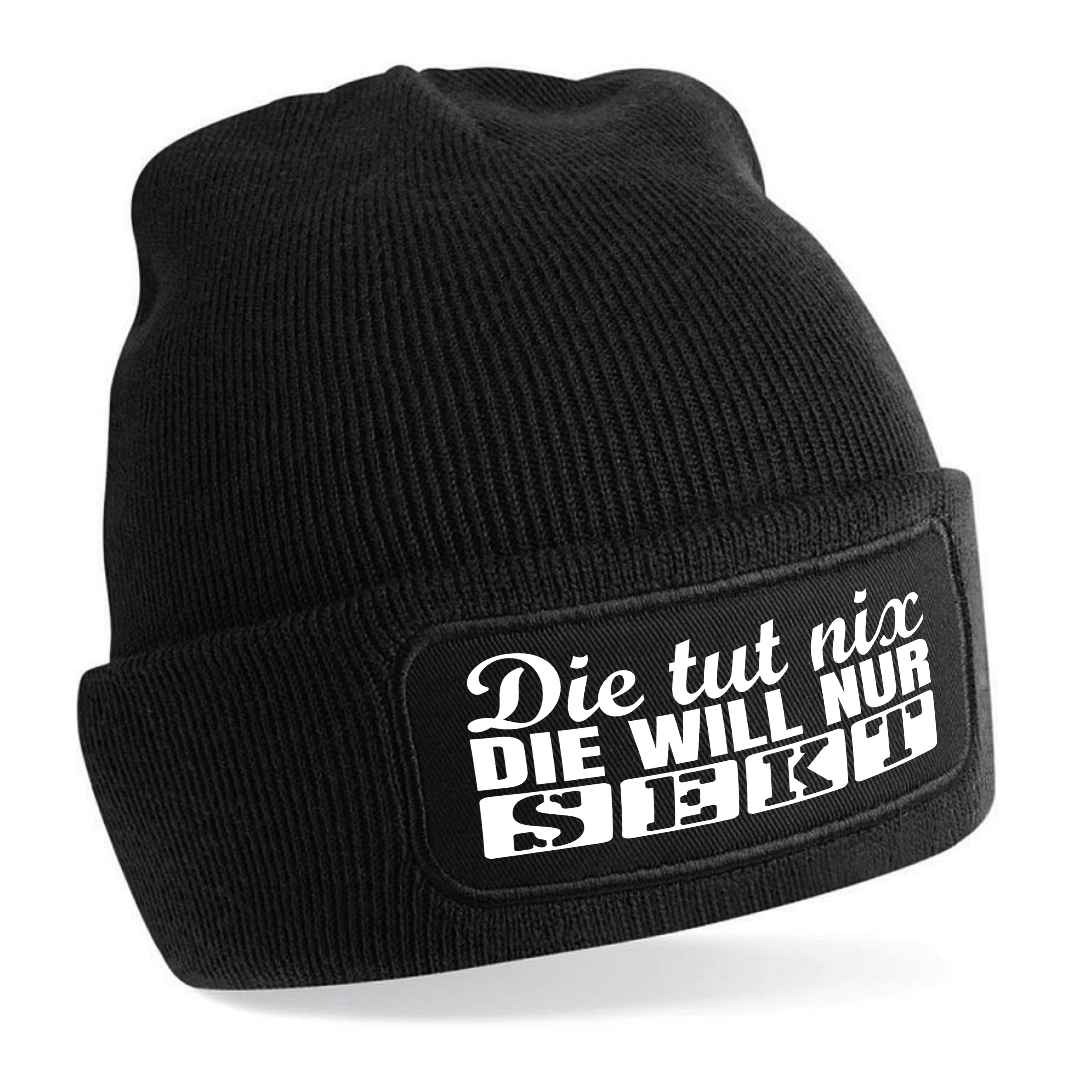 Beanie Strickmütze mit Spruch | Die tut nix. Die will nur Sekt | Farbwahl | Unisex SoftTouch angenehm weiche und warme Wintermütze | OneSize Einheitsgröße für Erwachsene