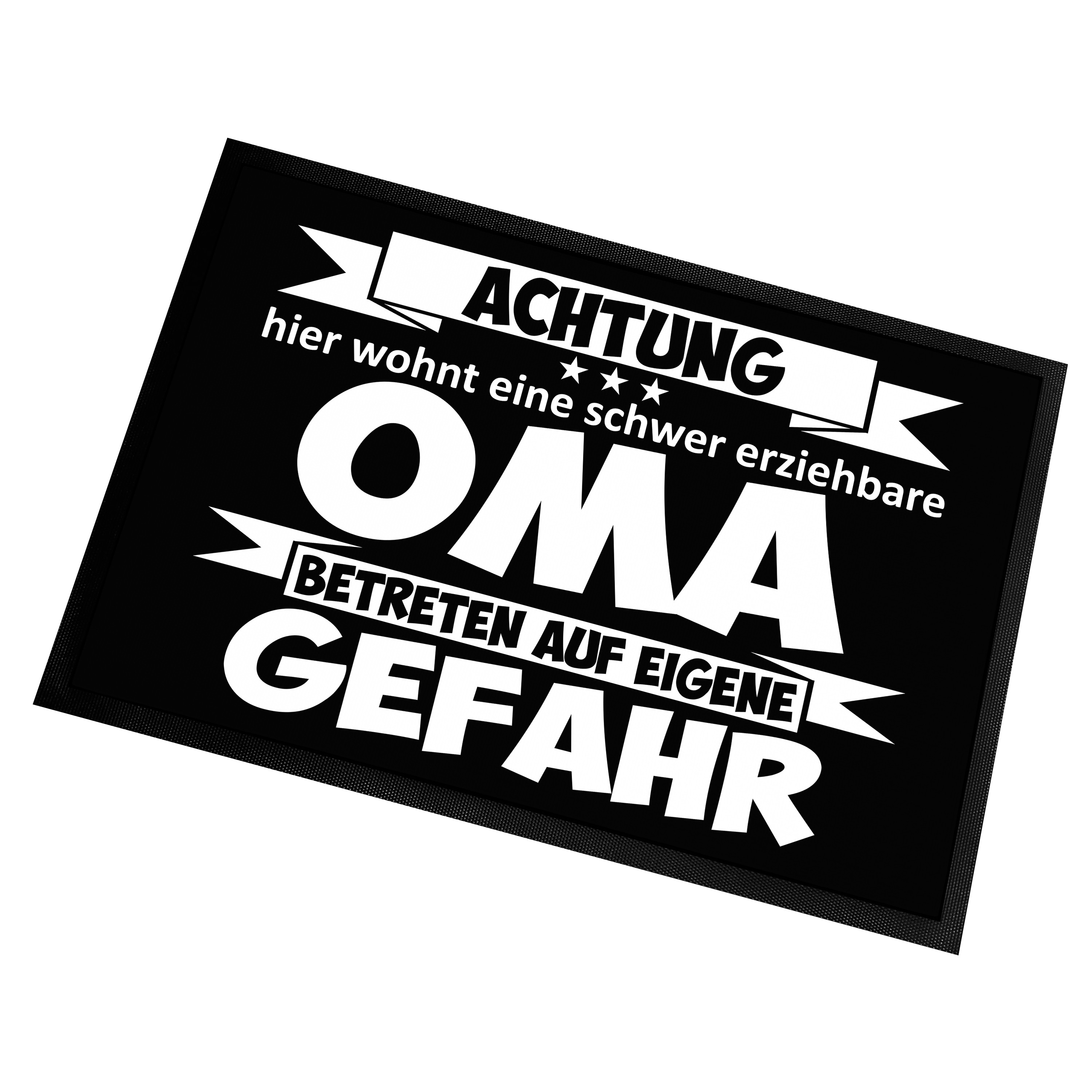 Fußmatte | Türmatte mit Spruch | 60x40cm | Achtung hier wohnt eine schwer erziehbare Oma - Betreten auf eigene Gefahr | für innen und außen | Vorleger für die Haustür / Flur | Geschenk zur Einweihung