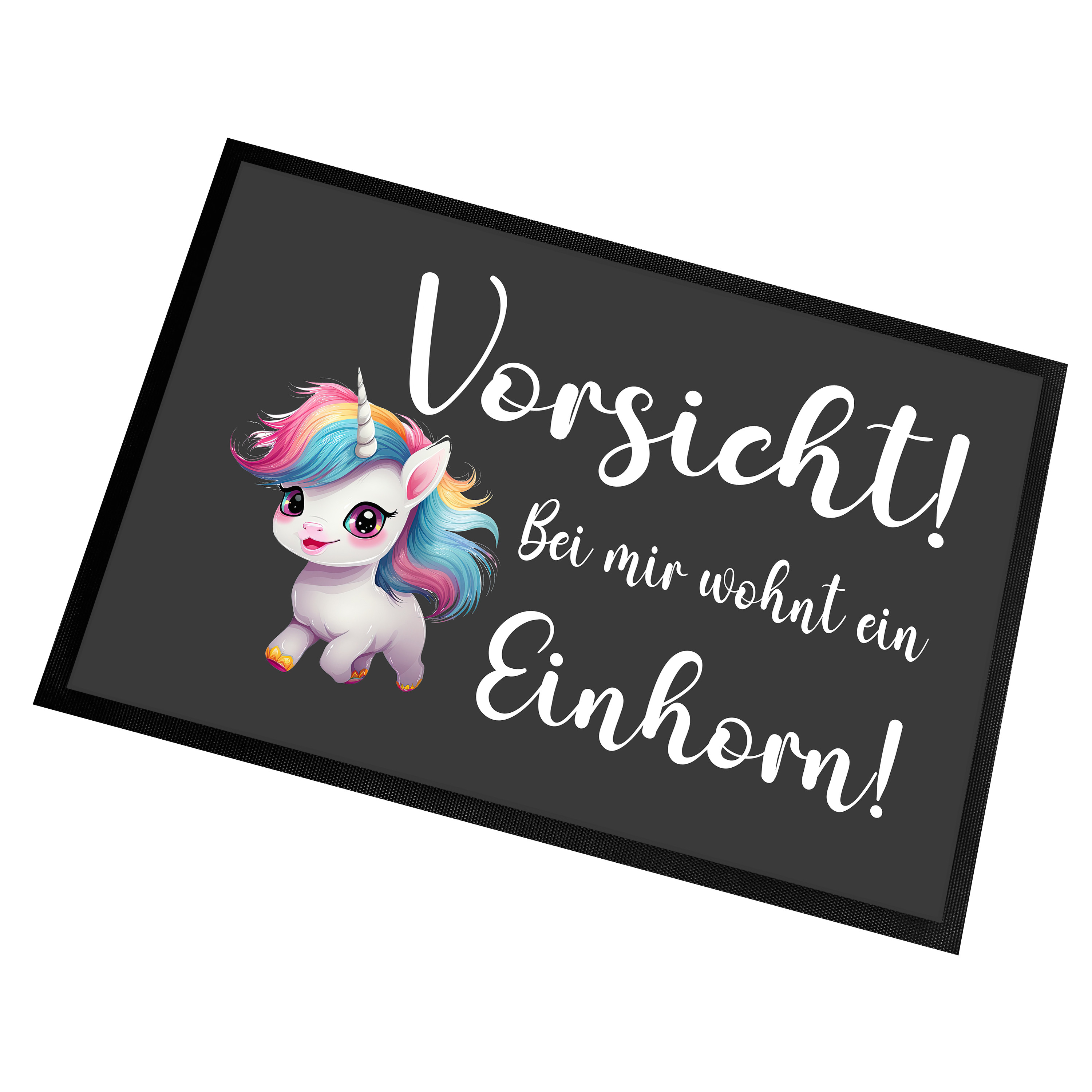 Fußmatte | Türmatte mit Spruch | 60x40cm | Vorsicht! Bei mir wohnt ein Einhorn! | für innen und außen | Vorleger für die Haustür / Flur | Geschenk zur ersten Wohnung | Einweihung