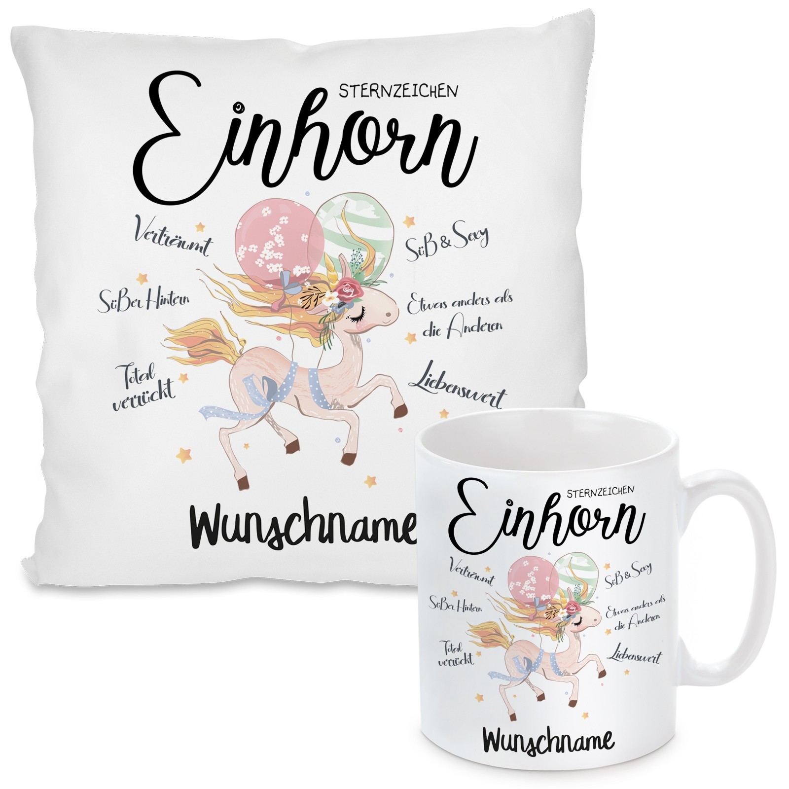 Kissen oder Tasse mit Motiv - Sternzeichen Einhorn (personalisierbar)