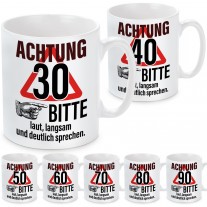 Tasse: Achtung! (30, 40, 50, 60, 70, 80, 90) – Bitte laut, langsam und deutlich sprechen.