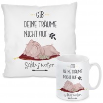 Kissen oder Tasse mit Motiv - Gib deine Träume nicht auf. Schlaf weiter.