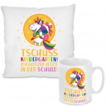 Kissen oder Tasse mit Motiv Modell: Tschüss Kindergarten! Ich glitzer jetzt in der Schule!