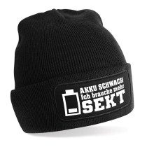 Beanie Strickmütze mit Spruch | Akku schwach - Ich brauche mehr Sekt | Farbwahl | Unisex SoftTouch angenehm weiche und warme Wintermütze | OneSize Einheitsgröße für Erwachsene