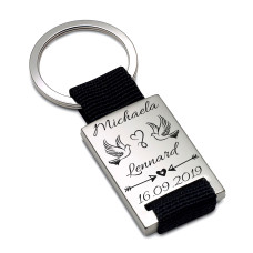 Schlüsselanhänger mit Gravur | schwarzes Textilband | personalisiert mit Namen und Datum und verschiedenen Motiven