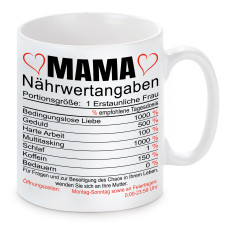 Tasse mit romantischem Spruch | Mama Nährwertangaben | Keramiktasse für die beste Mama zum Geburtstag - Muttertag | hochwertiger Druck optional mit Wunschtext auf der Rückseite