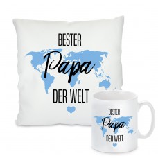 Kissen oder Tasse: Bester Papa der Welt - Weltkarte