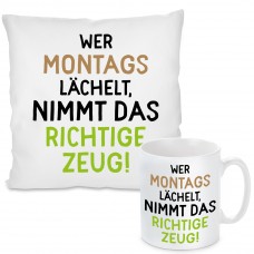 Kissen oder Tasse mit Motiv Modell: Wer montags lächelt ...