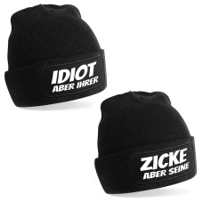 2er Set Beanie Strickmütze mit Spruch | Der Idiot und seine Zicke | Farbwahl | Unisex SoftTouch angenehm weiche und warme Wintermütze | OneSize Einheitsgröße für Erwachsene