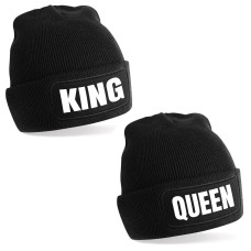 2er Set Beanie Strickmütze mit Spruch | King - Queen | Farbwahl | Unisex SoftTouch angenehm weiche und warme Wintermütze | OneSize Einheitsgröße für Erwachsene