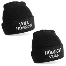 2er Set Beanie Strickmütze mit Spruch | Voll Hübsch - Hübsch Voll | Farbwahl | Unisex SoftTouch angenehm weiche und warme Wintermütze | OneSize Einheitsgröße für Erwachsene