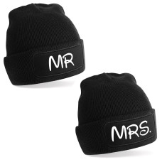 2er Set Beanie Strickmütze mit Spruch | MR & MRS | Farbwahl | Unisex SoftTouch angenehm weiche und warme Wintermütze | OneSize Einheitsgröße für Erwachsene